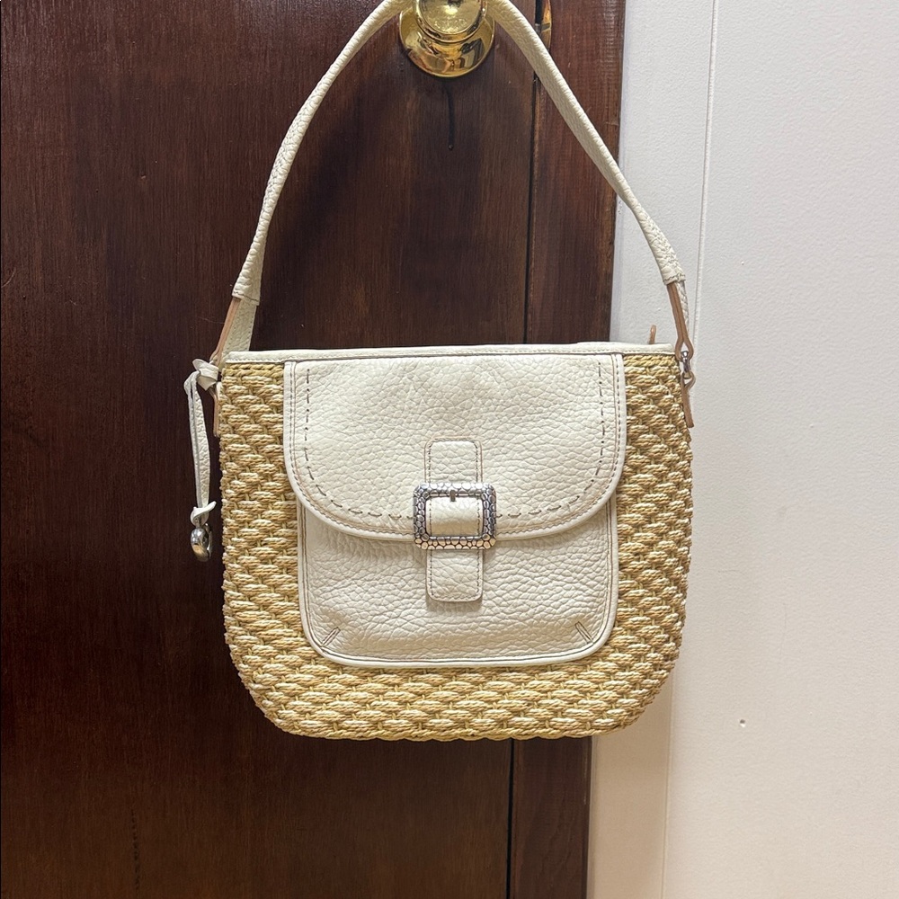 Woven Straw & Cream Leather Shoulder Bag